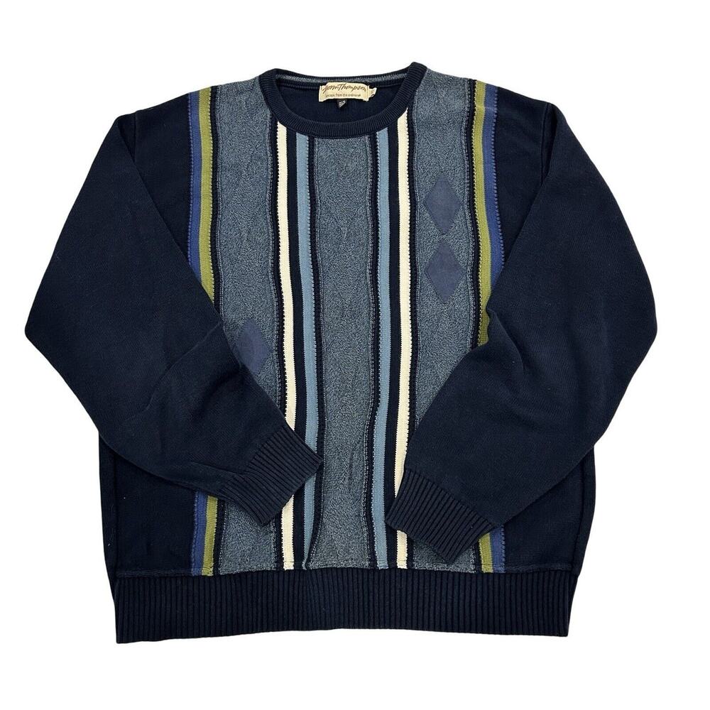 Norm Thompson Knit Sweater Mens Size L Blue Vertical Striped Crew Neck Vintage